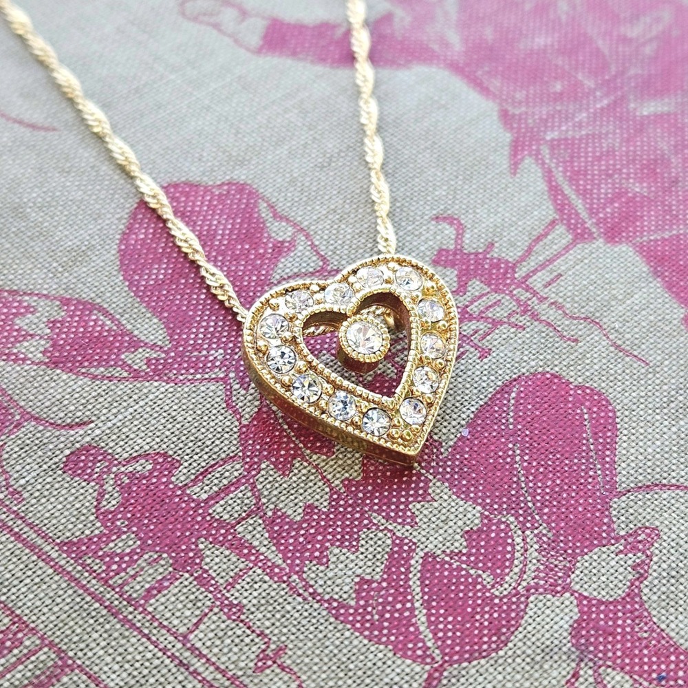 Gold Tone Pave Crystal Open Heart Pendant Necklace Singapore Chain